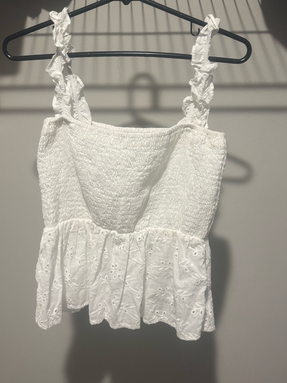 Paper Crane White Smocked Eyelet Peplum Tank